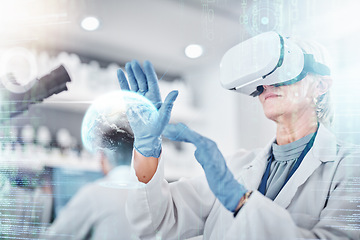 Image showing VR, healthcare and digital with a doctor scientist in a lab for research or innovation. Metaverse, virtual reality and future with a medical science professional using software in a laboratory