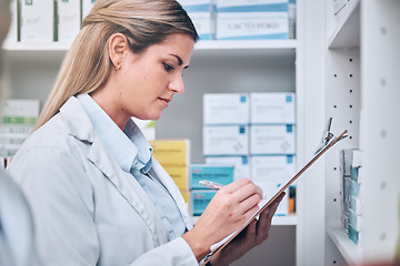 Image showing Pharmacist, writing or woman with checklist for medicine stock or medical supplements inventory supply. Pharmacy, clipboard or doctor recording retail drugs data for store shelf products management