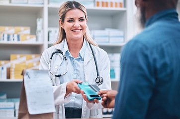 Image showing Pharmacist, payment or customer with credit, services medicine or buying. Pharmacy, woman or black man pay for pills, medical treatment or paying for prescription, clinic dispensary or pharmaceutical