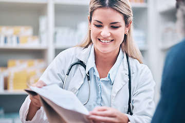 Image showing Healthcare, pharmacist and man at counter, medicine, prescription drugs and happy service at drug store. Health, wellness and medical insurance, customer and woman at pharmacy for advice and pills.