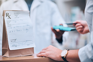 Image showing Pharmacy, card machine and patient paying for the medication at medical clinic dispensary. Credit card, prescription medicine and closeup of payment with cash dispenser point at pharmaceutical store.