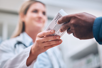 Image showing Pharmacy, medication box and pharmacist helping a patient with medical prescription at clinic. Medicine, healthcare and guy getting pills, cure or treatment at a pharmaceutical drug store or chemist.