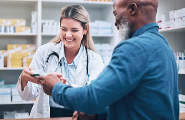 Image showing Healthcare, pharmacist and man at counter, medicine, prescription drugs and happy service at drug store. Health, wellness and medical insurance, black man and woman at pharmacy for advice and pills.