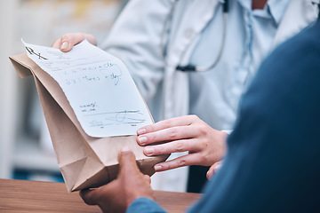 Image showing Pharmacy, prescription medication and doctor hands with retail patient, shopping or healthcare product. Closeup, nurse or pharmacist with customer for health note, wellness pills and brown paper bag