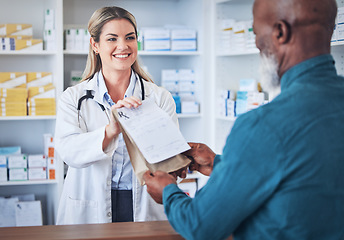 Image showing Pharmacy, happy pharmacist and customer with medicine or prescription pills helping with medical healthcare. Retail, shopping or doctor giving senior black man advice, medication or drugs in store