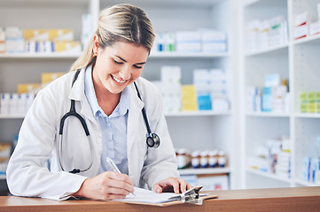 Image showing Pharmacy, medicine and doctor writing prescription with documents, insurance application and paperwork. Healthcare, medical care and female pharmacist with forms on clipboard for medication in clinic