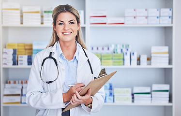 Image showing Doctor, pharmacy checklist and employee portrait in pharmaceutical clinic, medical supply store and nurse stock management. Healthcare product, pharmacist smile and medicine supplement storage check