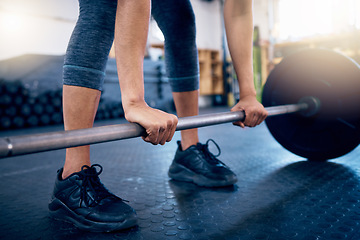 Image showing Fitness, barbell and hands of woman at gym for weightlifting, training and exercise challenge. Strong, muscle and endurance with girl body builder lifting weights for workout, mindset and health