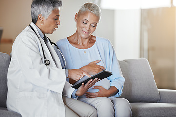 Image showing Tablet, consulting or pregnant woman with doctor for medical check or monitor pregnancy healthcare progress. Digital, maternity or senior worker talking, speaking or helping patient with baby advice