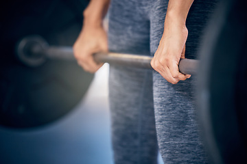 Image showing Fitness, mindset or hands on barbell at gym for strength training, workout or bodybuilding exercise. Zoom, wellness or strong man bodybuilder lifting heavy weights for muscle development or growth