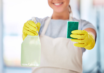 Image showing Woman, hands or spray bottle with sponge for cleaning, hygiene maintenance or healthcare wellness in house, home or office building. Zoom, maid or cleaner service worker with bacteria product