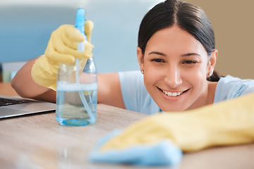 Image showing Happy, product or woman cleaning a table or wooden furniture with cloth, gloves and liquid soap in spray bottle. Smile, cleaning services or cleaner wipes dusty bacteria or dirty mess in living room