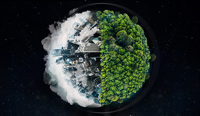 Image showing World, city buildings or forest in globalization crisis, climate change awareness or pollution environment security on black background. Globe, environment day or abstract urban trees on night mockup