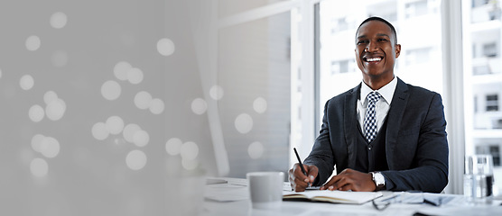 Image showing Black businessman, notebook writing or planning office finance, company insurance policy or investment management. Portrait, smile or happy corporate worker, financial paper documents or bokeh mockup