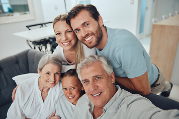 Image showing Family, selfie and grandparents with girl, parents and smile for bonding, loving and lounge. Love, portrait and grandmother with grandfather, mama and dad with daughter, happiness and relax on sofa.