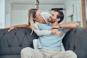 Image showing Love, relax or couple hug in house living room sofa and resting on a holiday vacation with support in a happy marriage. Smile, Berlin or happy woman enjoying quality bonding time with a fun partner