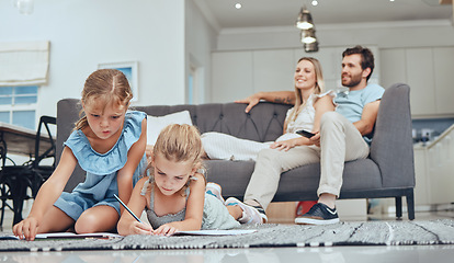 Image showing Relax, children drawing and parents on sofa in the living room bonding, homeschool and kids learning. Education, family and girls doing homework on the floor with mother and father sitting on couch.