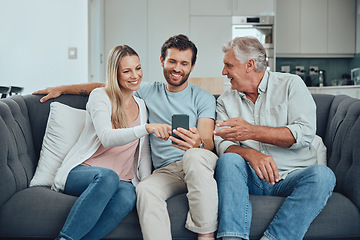 Image showing Relax, search and phone with family on sofa for share internet, social media or online news. Care, retirement and help grandfather with man and woman in living room for technology, digital or contact