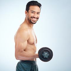 Image showing Portrait, fitness or man training with dumbbell in workout or exercise in studio for strong arms, biceps or body goals. Muscles, mindset or happy bodybuilder sports athlete weightlifting with mock up