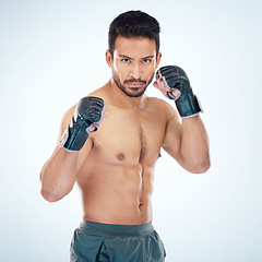 Image showing Face portrait, mma sports and man in studio on a blue background. Martial arts, body fitness and serious male fighter or boxer ready for training, workout or exercise for battle, match or competition