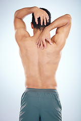 Image showing Man, body or stretching back muscles on blue background in studio pain relief, healthcare wellness or burnout tension release. Sports athlete, fitness model or coach flexing in workout success check