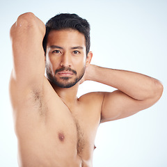 Image showing Man, body or stretching arms on studio background in workout tension release, exercise pain relief or training healthcare wellness. Portrait, sports athlete or fitness model warm up of strong muscles