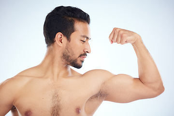 Image showing Asian man, body of bicep flex on studio background in studio for muscle growth progress, healthcare wellness check or bodybuilding success. Sports athlete, coach or bodybuilder flexing arm in fitness