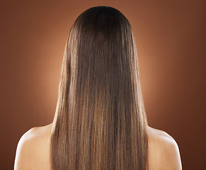 Image showing Woman, back or hair style on brown background in relax studio for keratin treatment, self care wellness or color dye routine. Model, texture or brunette growth aesthetic with balayage transformation