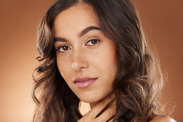 Image showing Woman, face skincare or curly hairstyle on studio background in Brazilian keratin treatment, self love or healthcare wellness. Portrait zoom, brunette color or beauty model and natural texture waves