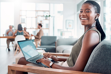 Image showing Music, podcast and woman at computer with earphones in office with streaming service while working. Work, smile and happy black woman listening to streaming radio station app online in modern office.