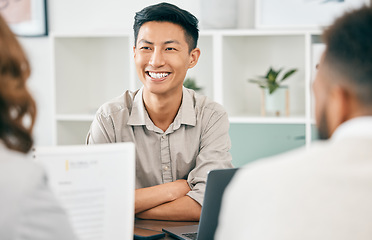 Image showing Asian executive, business people and documents in negotiation, contract or smile in agreement at desk. Corporate leader, man or group in office with paperwork, deal or happiness for proposal in Tokyo
