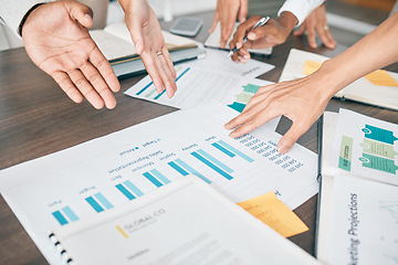 Image showing Collaboration, documents and financial with a business team working together in an accounting office from above. Meeting, data and finance planning with a man and woman accountant group at work