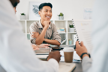 Image showing Asian boss, business people and documents in negotiation, contract or smile in agreement at desk. Corporate leader, man or group in office with paperwork, deal or happiness for proposal in Tokyo