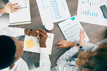 Image showing Collaboration, documents and financial with a business team working together in an accounting office from above. Meeting, data and finance planning with a man and woman accountant group at work