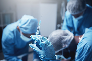 Image showing Doctors, nurses or hands with surgery needle in anesthesia treatment, morphine pain killer or narcan adrenaline for patient. Zoom, healthcare worker or medicine syringe for operation medical teamwork