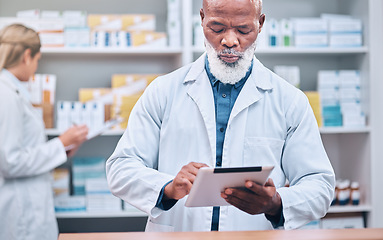 Image showing Tablet, pharmacist and senior man in pharmacy for healthcare research. Technology, wellness and elderly black man and medical professional with touchscreen for medicine prescription and telehealth.