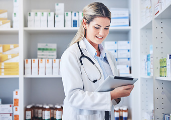 Image showing Pharmacy, tablet and pharmacist with checklist, research or online prescription in drug store. Medicine, medical and woman with medication inventory on a mobile device in chemist or clinic dispensary