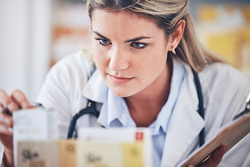 Image showing Pills, pharmacy or pharmacist with a checklist for medicine products stock supply or inventory in a clinic. Management, woman or doctor with drugs to monitor medical healthcare supplements in store
