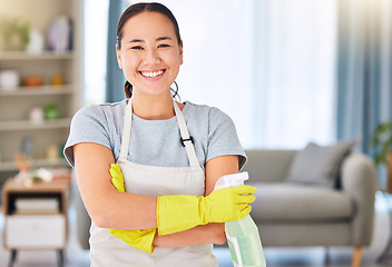 Image showing Cleaning, housekeeping and portrait of Asian woman with detergents for spring cleaning dust, dirt and disinfection. Housework, cleaning service and happy female with spray bottle of cleaning products