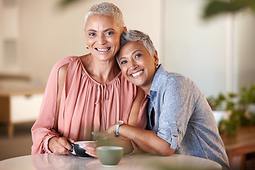 Image showing Friends, coffee and portrait of senior women enjoying quality time, relaxing and bonding together in cafe. Drinking coffee, happiness and females hugging, embrace and smile in coffee shop on weekend