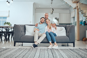 Image showing Couple portrait, sofa and senior father in family home with smile, happy bonding or holiday with hug. Elderly man, couch and embrace by couch with happy family to relax in living room at house Dallas