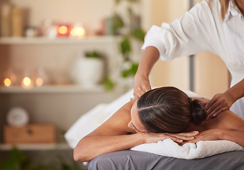 Image showing Massage, relax and peace with woman in spa for healing, health and zen treatment. Detox, skincare and beauty with hands of massage therapist on customer for calm, physical therapy or luxury in salon