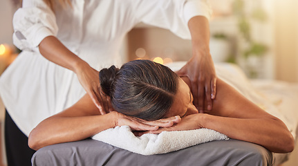 Image showing Woman at spa for massage with therapist and holistic treatment, wellness and self care with aromatherapy. Luxury service, health and peace with skincare to relax at salon, masseuse hands for zen.