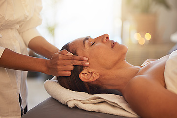 Image showing Woman, relax and hands for scalp massage in salon beauty spa for skincare wellness, stress relief and zen body care. Healing therapy, therapist and physical therapy, head or luxury facial dermatology