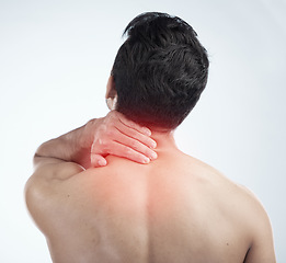 Image showing Man, hands or body neck pain and glow on studio background in exercise, workout or training stress, tension or 3d muscle crisis. Injury, sports athlete or fitness person in first aid burnout