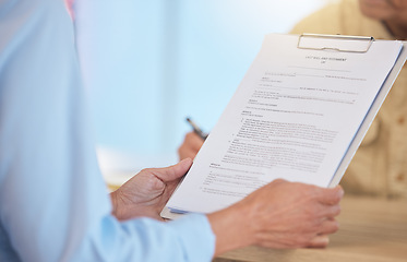 Image showing Contract, deal and life insurance, hands and clipboard with agreement, reading legal document and sign paperwork. Compliance, last will and testament with safety and security in retirement or death.