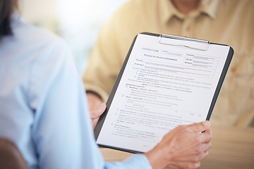 Image showing Contract, divorce and documents on clipboard, marriage fail with man and woman reading legal paperwork. Agreement, compliance and review document for separation by law, partnership end and family law