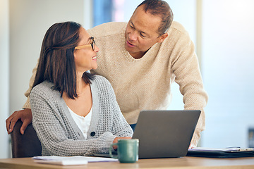 Image showing Love, retirement and senior couple with laptop, investment and pension fund planning. Retired, man and woman with search online, budget and paying debt for mortgage, insurance and finance growth.