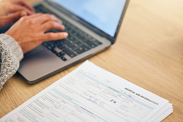 Image showing Woman, hands and laptop for medical documents, healthcare insurance and typing hospital email communication online. Patient results, clinic paperwork and planning financial payment on tech device