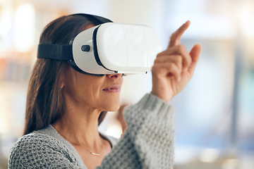 Image showing Woman, virtual reality and streaming in home, futuristic tech and internet gaming with ai headset. Vr, 3d innovation and digital transformation, cyber metaverse or video game online experience